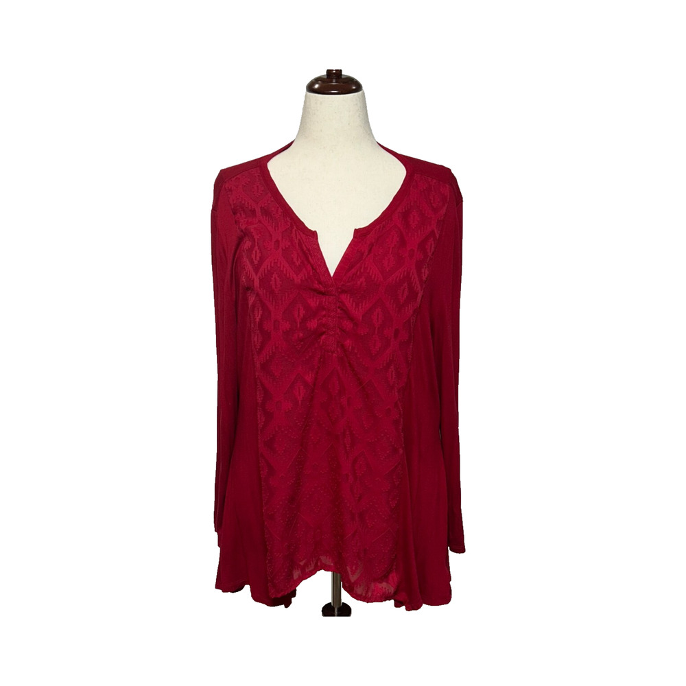 RBX Top Womens XXL Red Textured Shark Bite Hem Roll Tab Rayon Tunic Split Neck